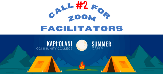 Kapiʻolani Summer Camp logo, campsite with two orange tents, a fire, moon, and mountains in background.