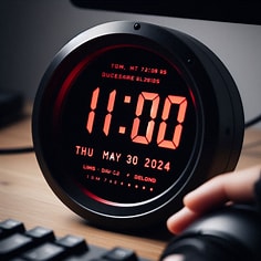 Round clock showing 11:00 and the date Thu May 30 2024