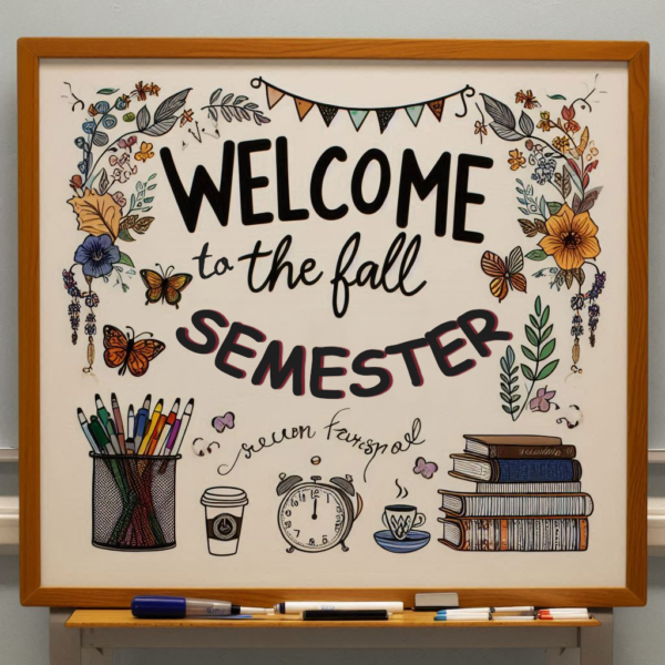 Bulletin board decorated with text that says Welcome to the fall semester