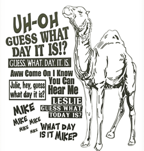 Image of a card designed by SimplyNun with a single hump camel on the left side and the words from a GEICO commercial making a joke about hump day on the left side.