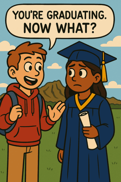 A cartoon of a man in a hooded sweatshirt and backpack speaking to a woman in a blue graduation cap and gown, who is holding a scroll. He is saying, "You're graduating. Now what?"